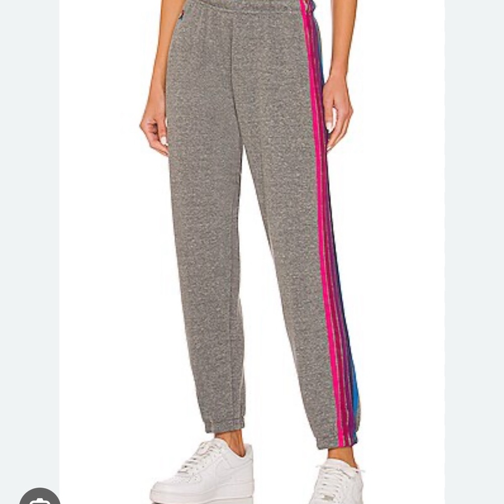 Gray Track Pants with Pink and Blue Stripes